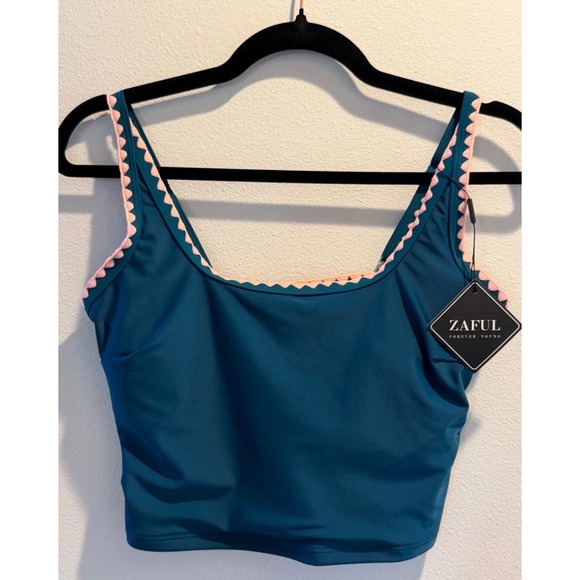 Zaful Other - Zaful Teal Blue Bikini Top Pink Scalloped Trim Square Neck Swim Top Medium NWT